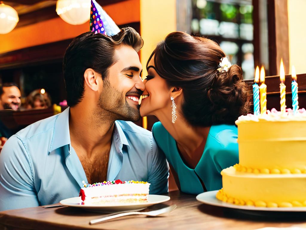 Женщина целует мужчину в щеку за столиком в ресторане, перед ним стоит торт