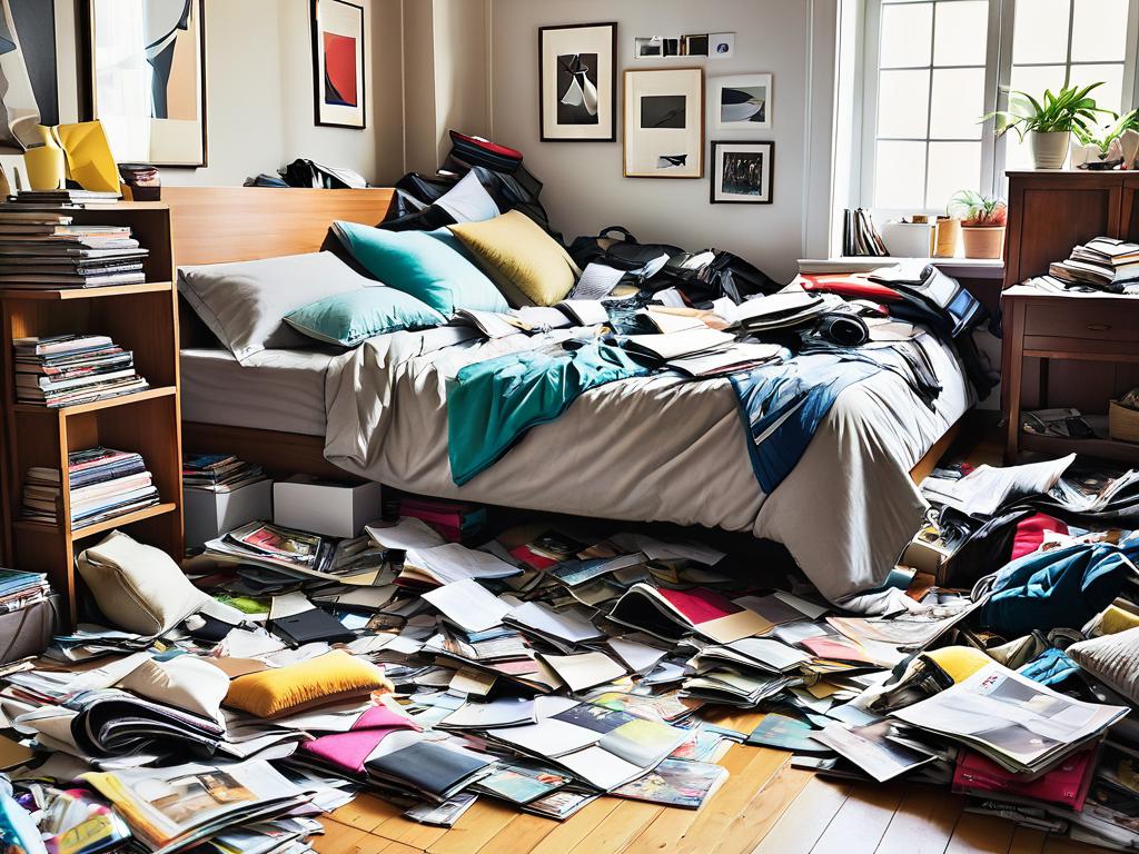 Фото беспорядка в комнате: журналы, одежда, разные вещи на всех горизонтальных поверхностях.