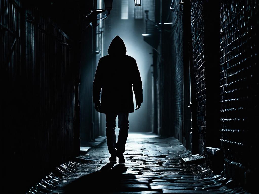 Силуэт человека, идущего по темному переулку, символизирующий страх неизвестности
