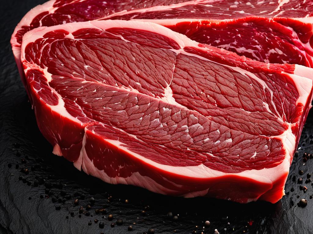 Крупный план сырого красного мяса на черном фоне