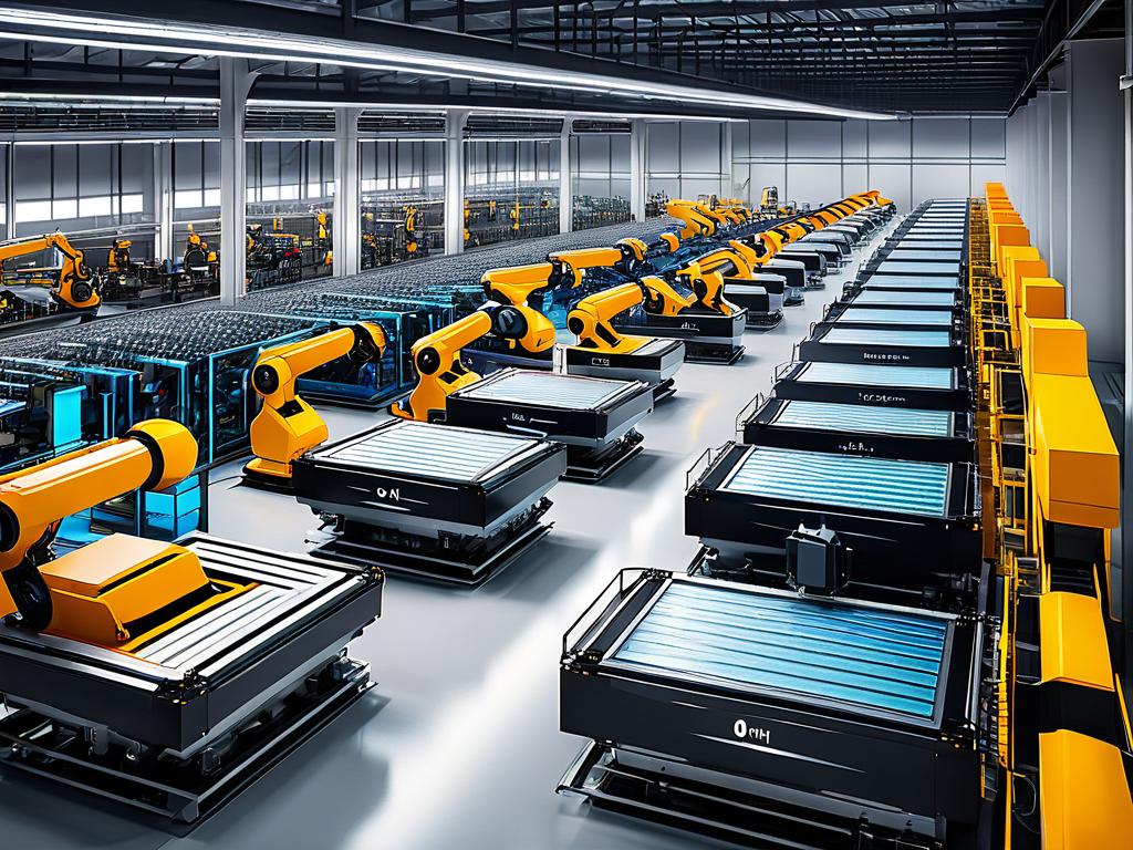 Футуристический автоматизированный завод с роботами и передовыми технологиями. Это иллюстрирует