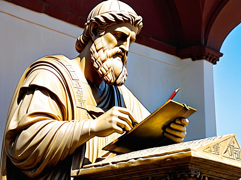 Статуя Пифагора, записывающего математические формулы на вощеной дощечке стилосом