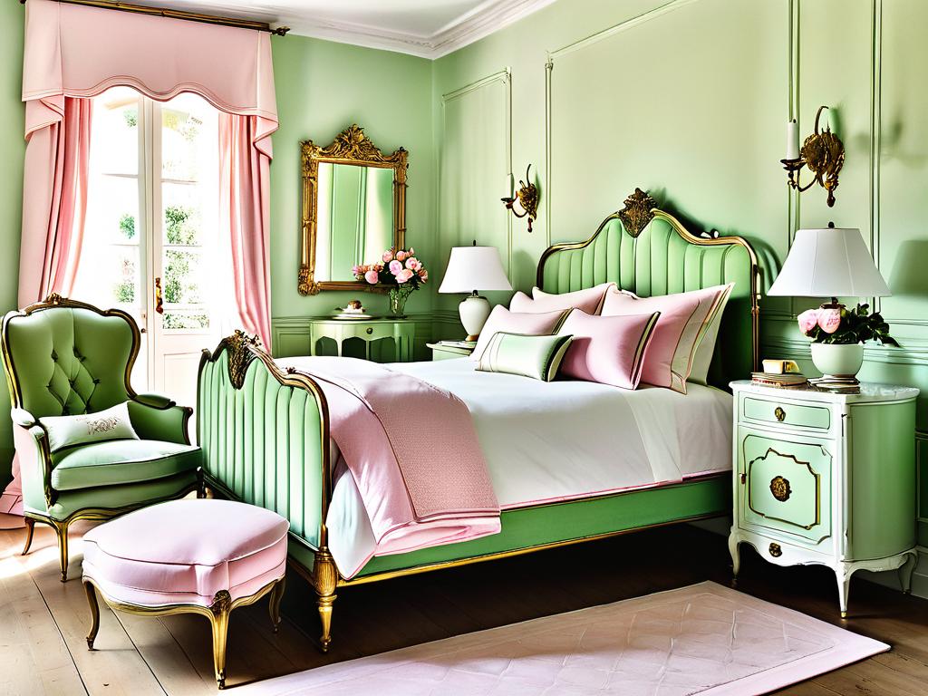 Пример светло-розового и зеленого цветового решения для спальни прованс с латунной кроватью,