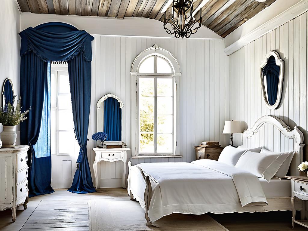 Небольшая белая спальня в стиле прованс с белой деревянной панелью на стене, арочным окном с