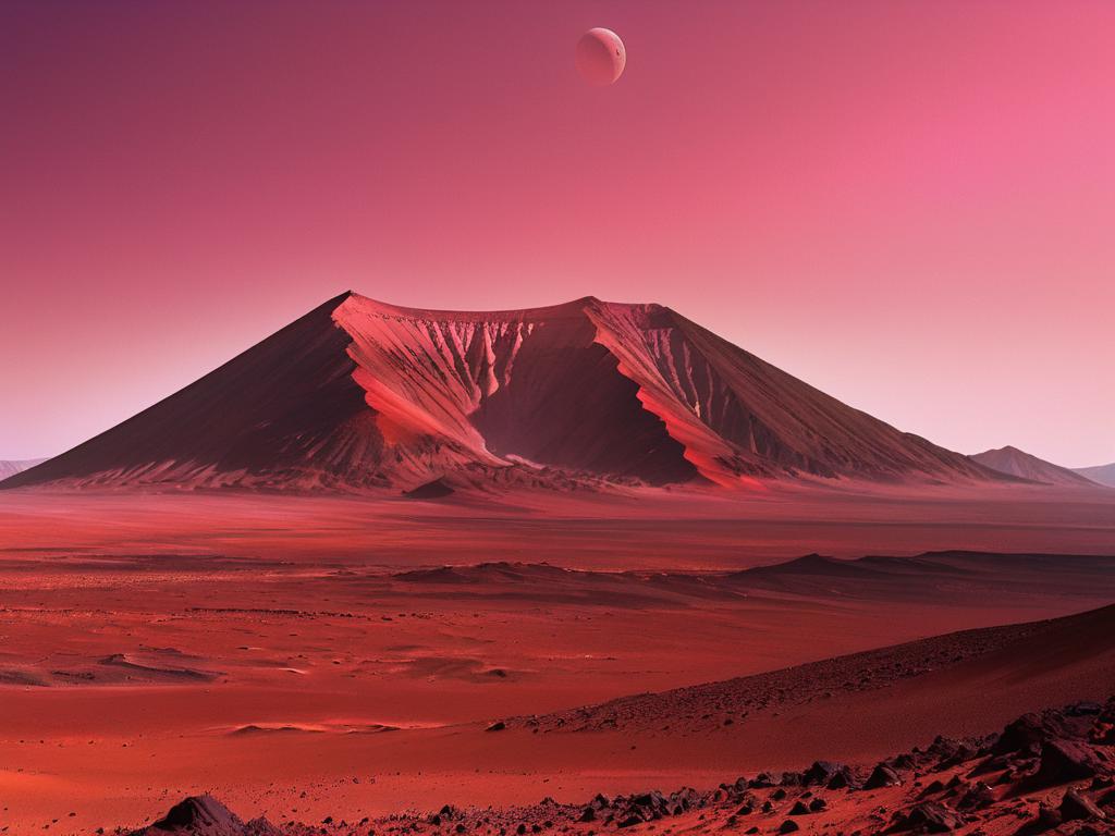 Высокая красная гора на Марсе на фоне розового неба
