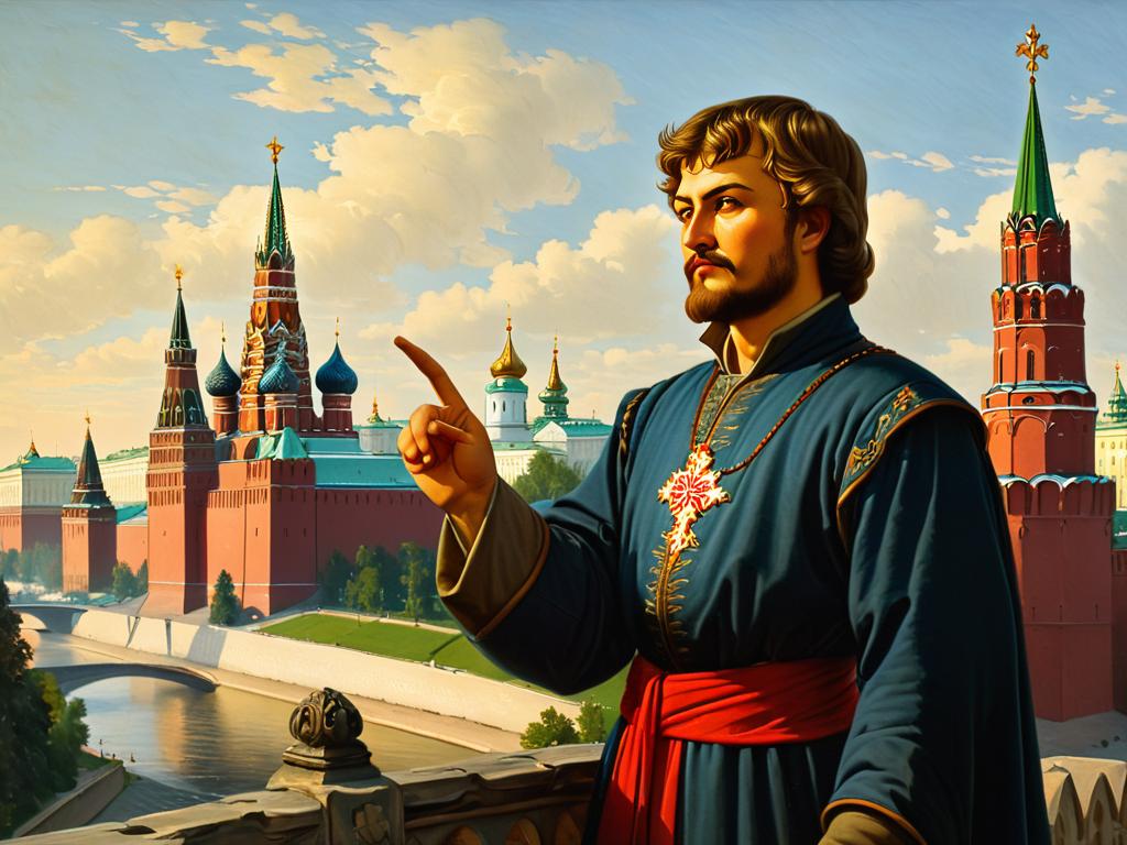 Средневековая картина Юрия Долгорукого у основания Московского Кремля