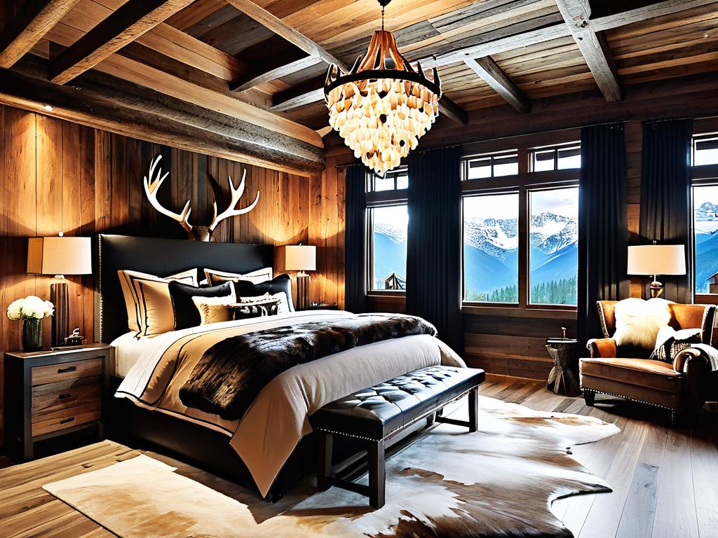 Спальня с деревянной панелью в стиле шале, меховыми покрывалами, люстрой из оленьих рогов и