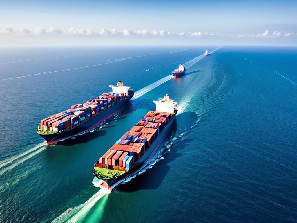 Большие контейнеровозы, плавающие в открытом море и перевозящие экспортные товары между странами и