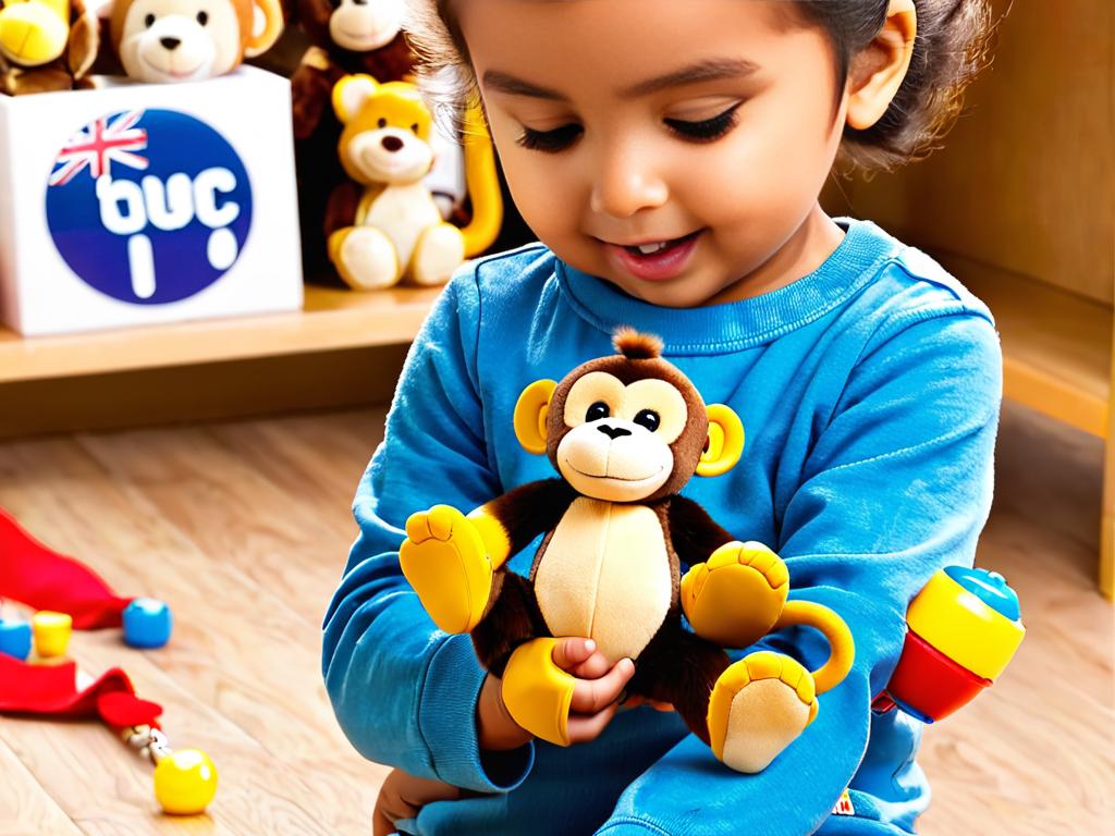 Ребенок гладит игрушечную обезьянку, которая издает звуки в ответ на прикосновения