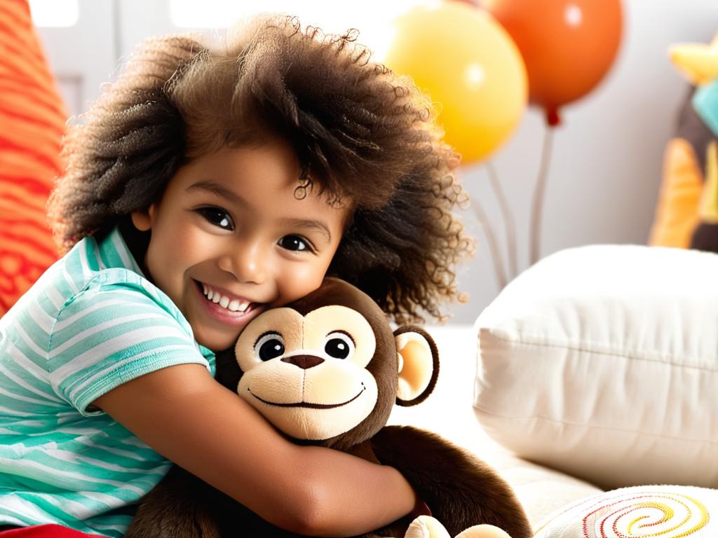 Улыбающийся ребенок обнимает мягкую интерактивную игрушку-обезьянку