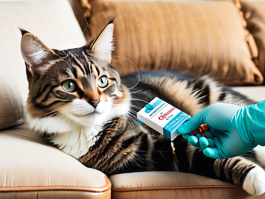 Кошке дают таблетки Имунофана для улучшения здоровья
