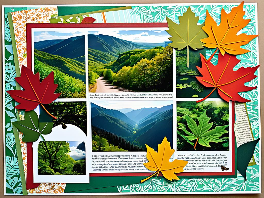 Страница скрапбука о природе с вырезанными листиками и пейзажными фото. Описание более 5 слов.