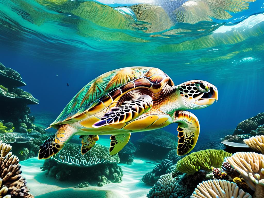 Фотография большой зеленой морской черепахи, плавающей под водой возле кораллового рифа