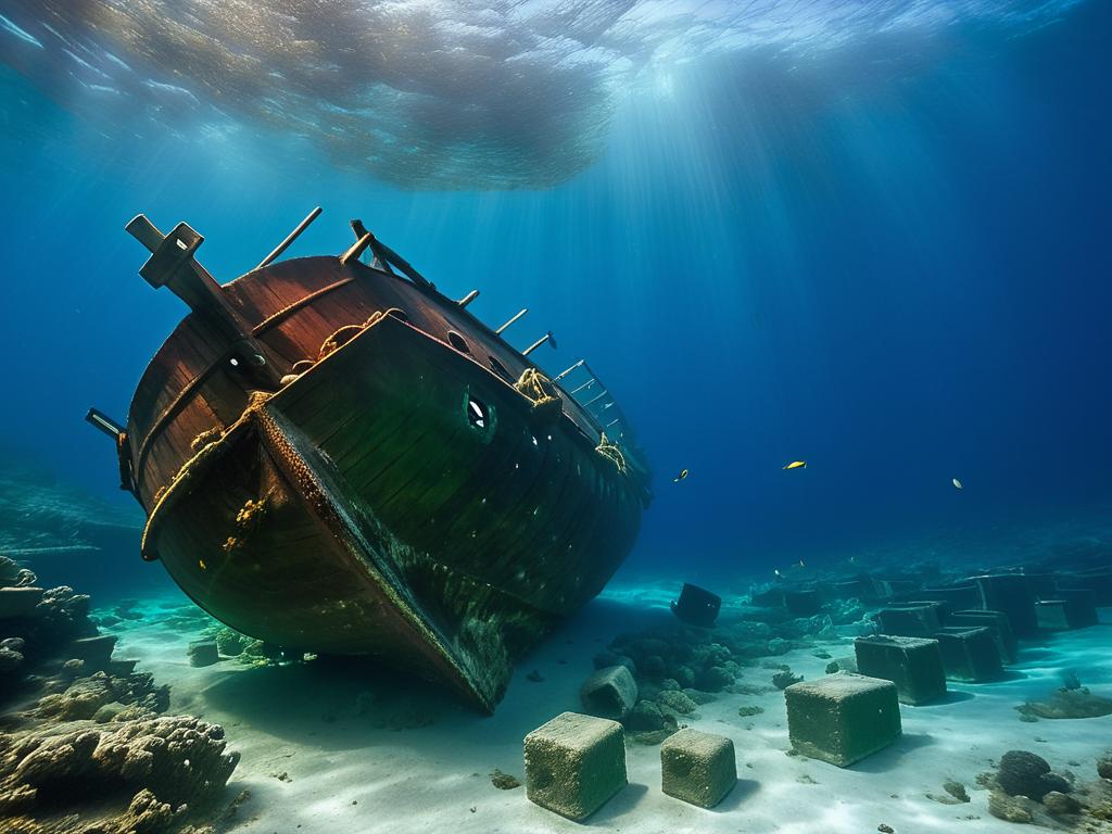 Подводное фото древнегреческого корабля с разбросанными амфорами