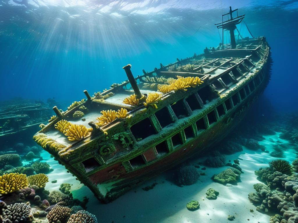 Подводный кадр затонувшего британского военного корабля XVIII века, покрытого кораллами
