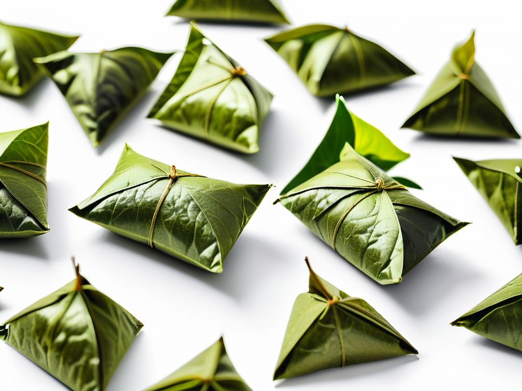 Листья зеленого чая и чай в пакетиках на белом фоне