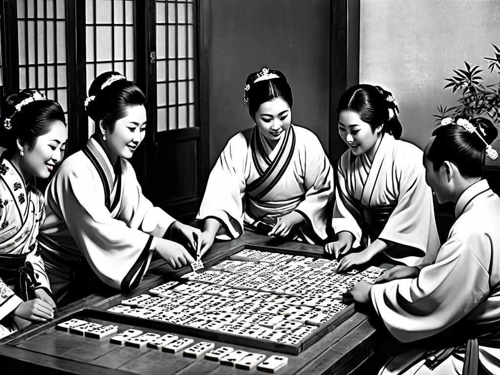 Старая иллюстрация людей в традиционной китайской одежде, играющих в домино