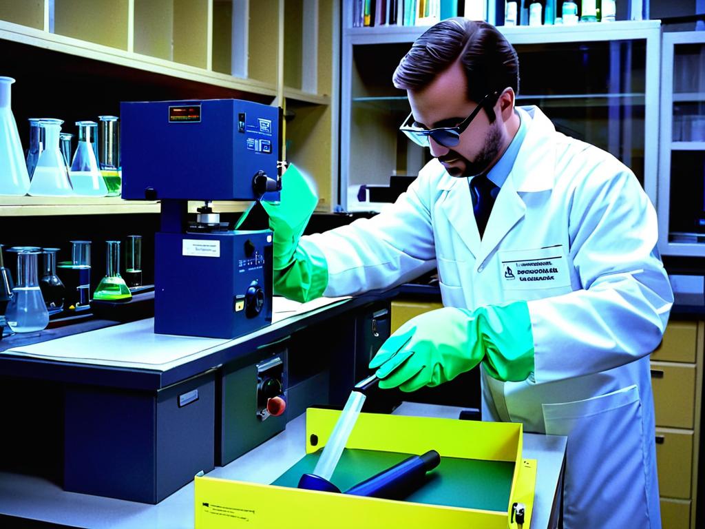 Исследователь в халате и перчатках работает с радиоактивными материалами в лаборатории