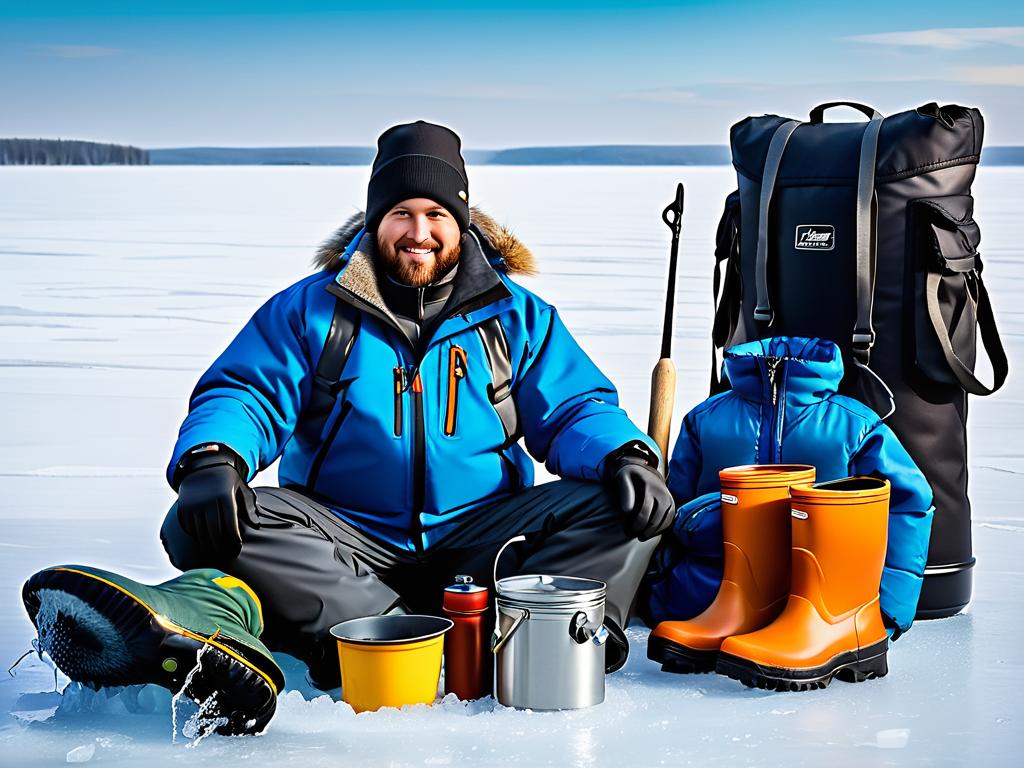 Одежда и снаряжение для зимней рыбалки: термос, лопата, буры, теплая куртка, шапка, варежки