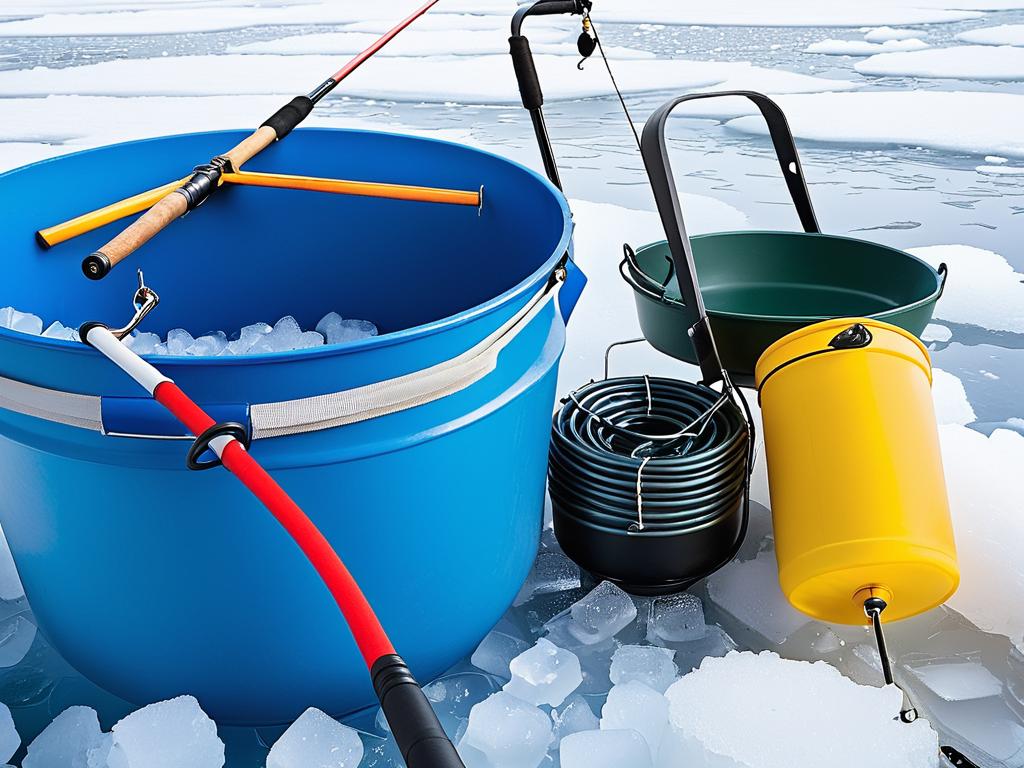 Снаряжение для зимней рыбалки: бур, удочка, ведро, жерлица