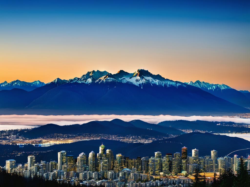 Горные пики «Львиные ворота» с видом на город Ванкувер