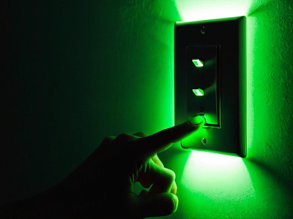 Фото руки, включающей двухклавишный выключатель с зеленой подсветкой в темной комнате.