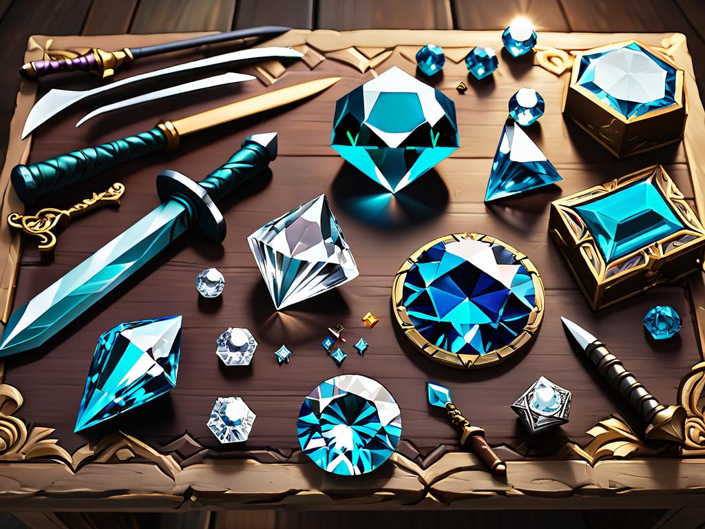 Зачарованные алмазные инструменты и броня разложены на верстаке, готовые к битве