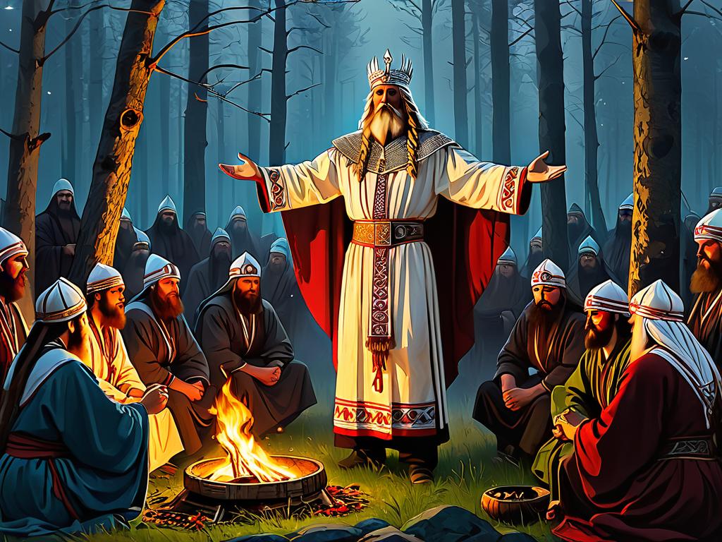 Изображение древнего славянского волхва в ритуальной одежде, совершающего языческий обряд