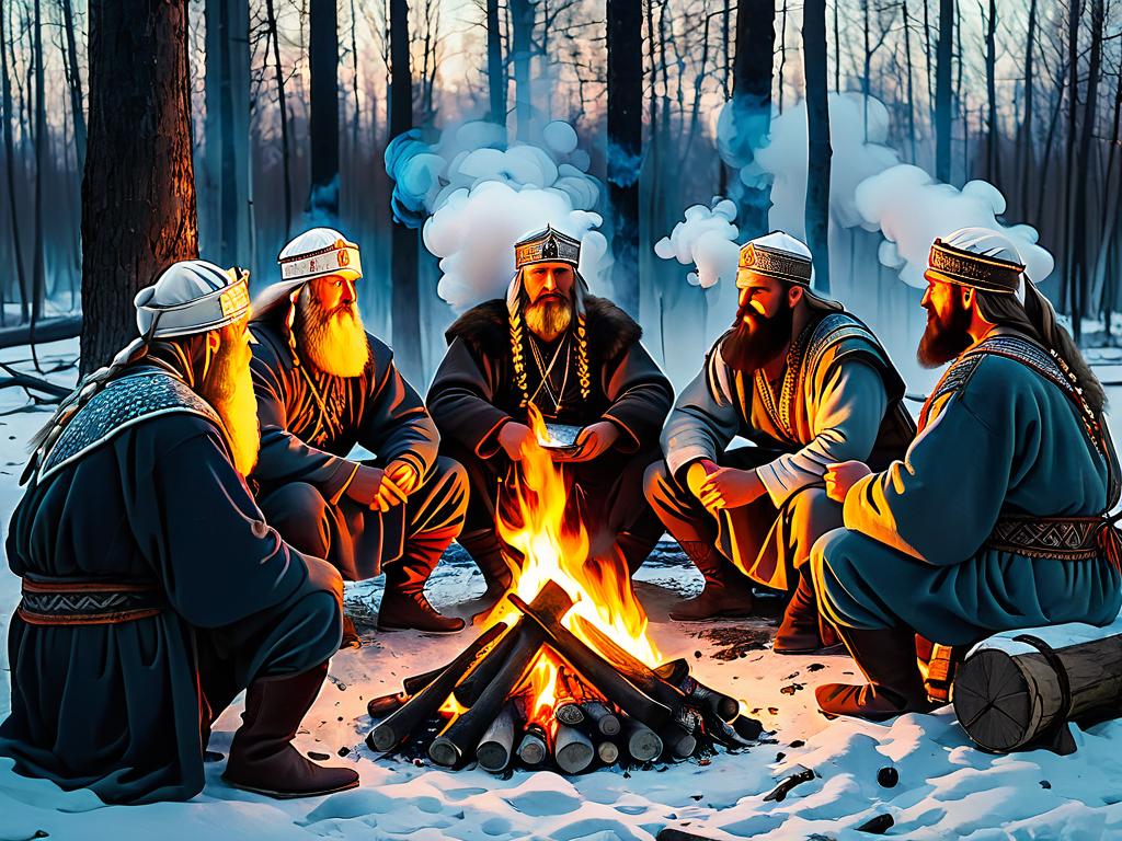 Группа древних славянских волхвов у костра, один из них гадает по дыму