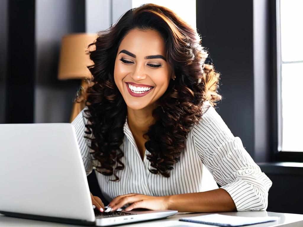 Девушка улыбается во время монтажа видео на ноутбуке