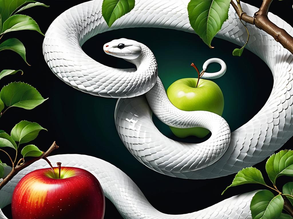 Иллюстрация белой змеи, выползающей из яблока, олицетворяющей скрытую опасность