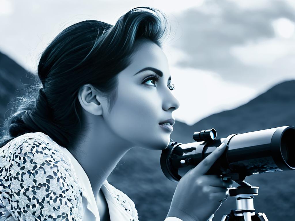 Женщина мечтает, глядя в телескоп