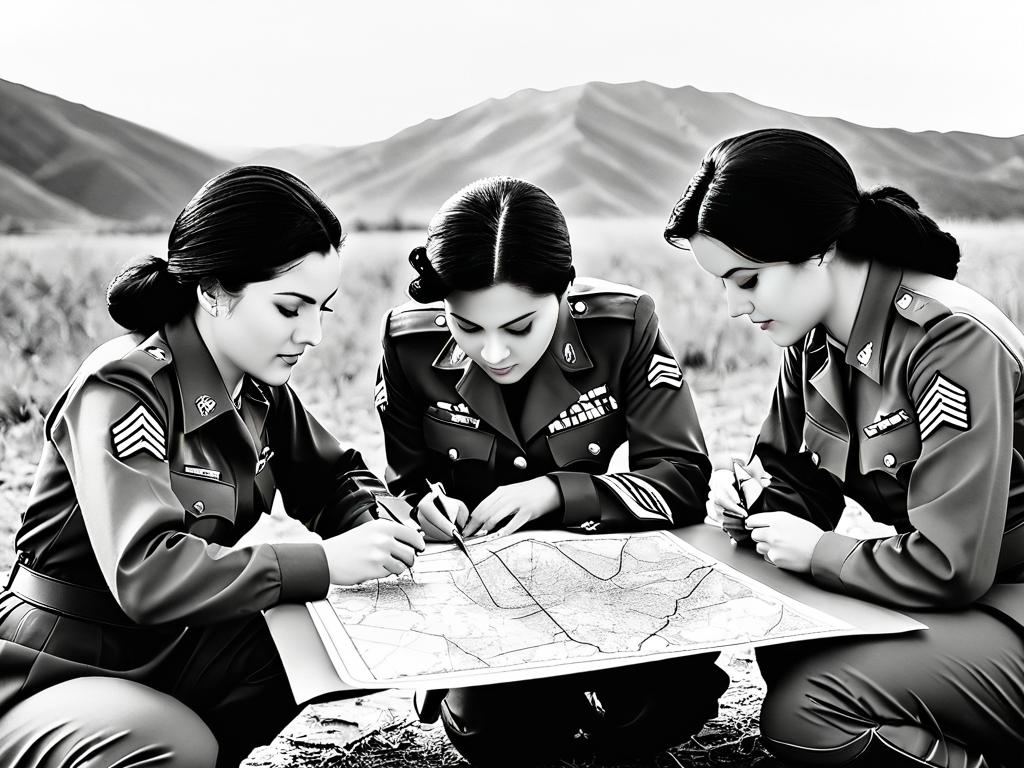 Девушки-военнослужащие изучают топографические карты на учениях