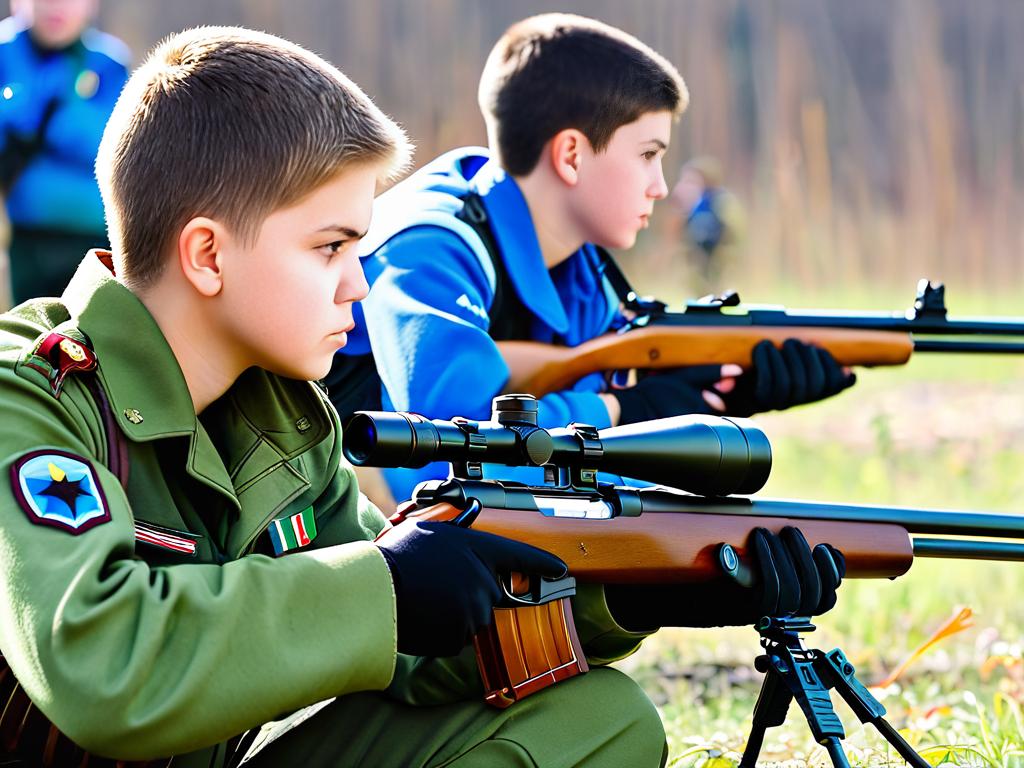 Цветное фото подростков в военной форме, участвующих в соревнованиях по стрельбе из пневматической
