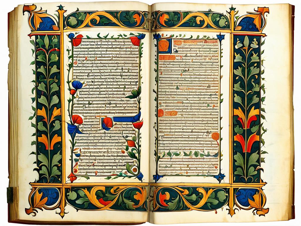 Страница средневекового рукописного фолианта с растительными виньетками вокруг текста. Описание на