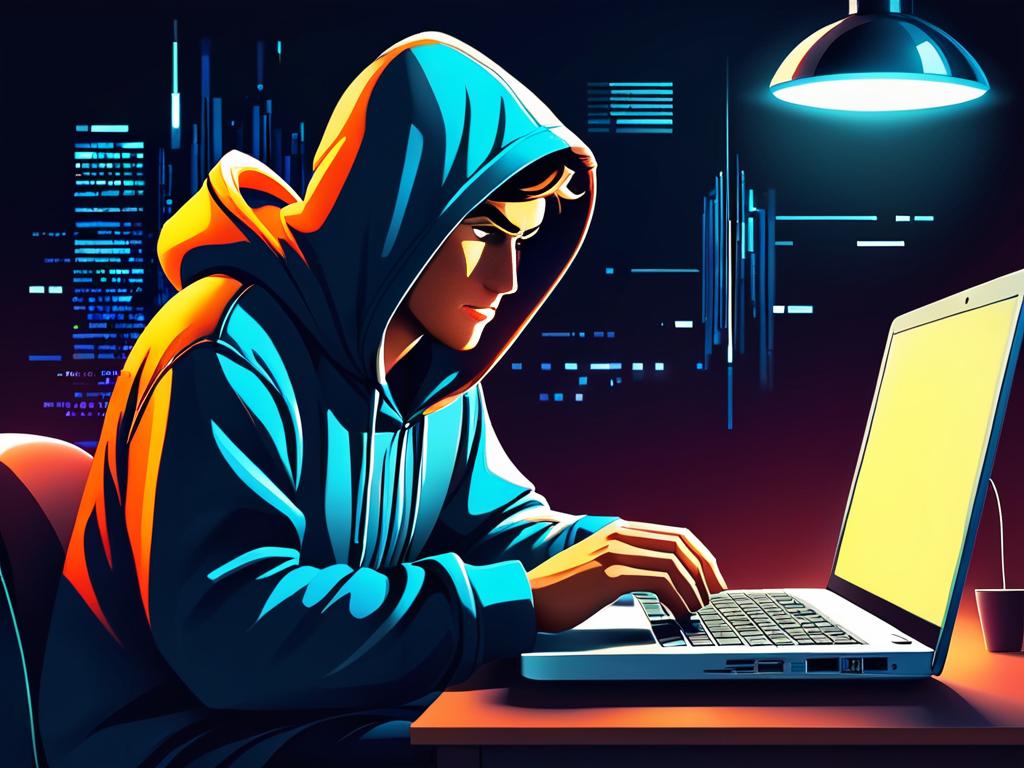 Хакер крадет личные данные. Человек в толстовке использует ноутбук для кражи личной информации.