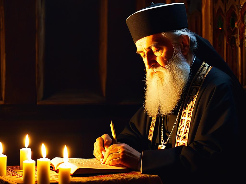 Пожилой бородатый православный священник читает вечерние молитвы при свечах