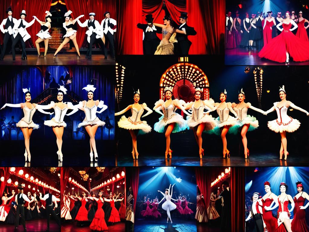 Коллаж сцен из кабаре Мулен Руж в Париже - танцевальные номера, интерьер, костюмы