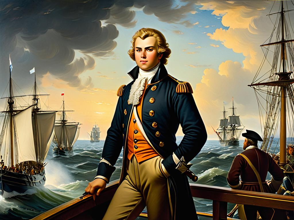 Картина изображающая юного Беринга поступающего на службу в голландский флот и начинающего морскую