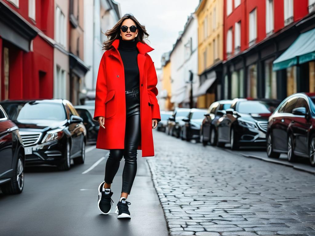 Женщина в красном пальто и черных кроссовках демонстрирует спортивный шик, идя по городской улице