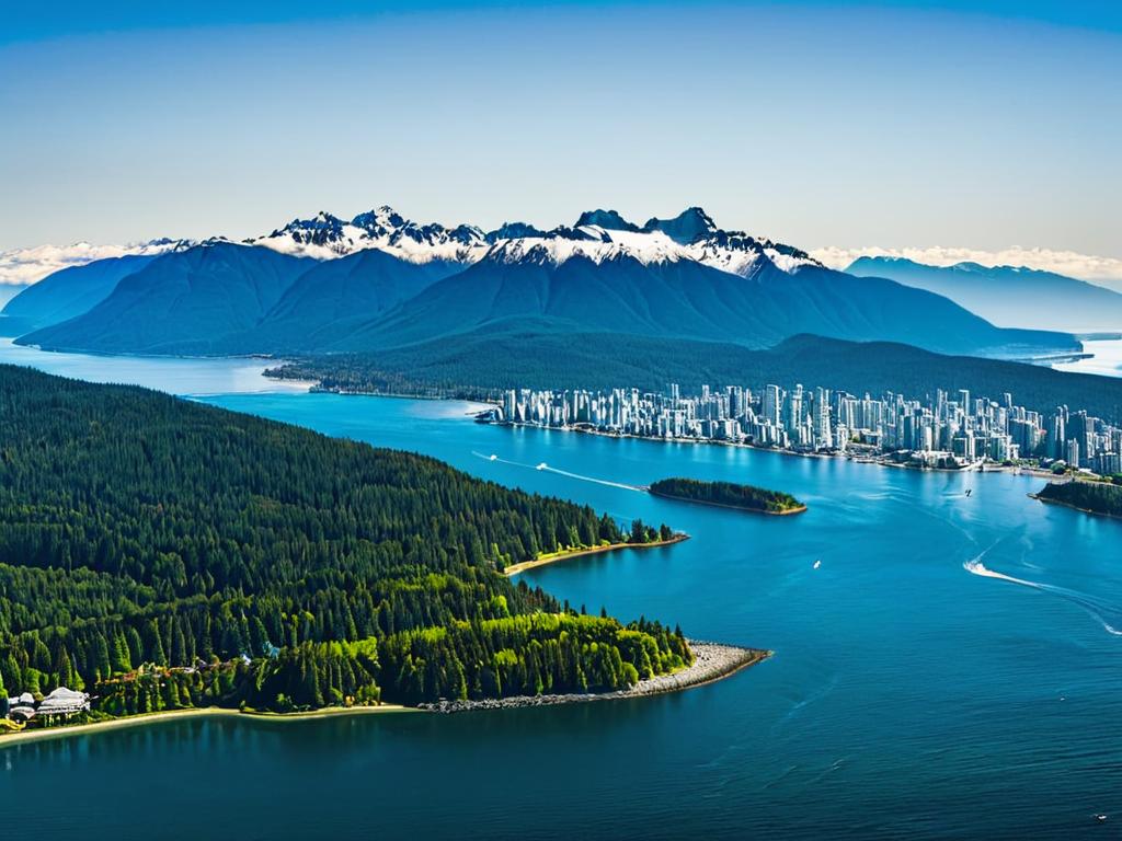 Вид сверху на Ванкувер, расположенный на побережье, окруженный горами и океаном