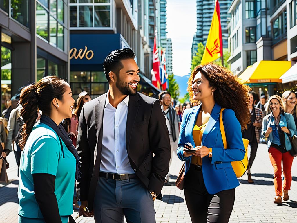 Люди разных национальностей общаются в центре Ванкувера