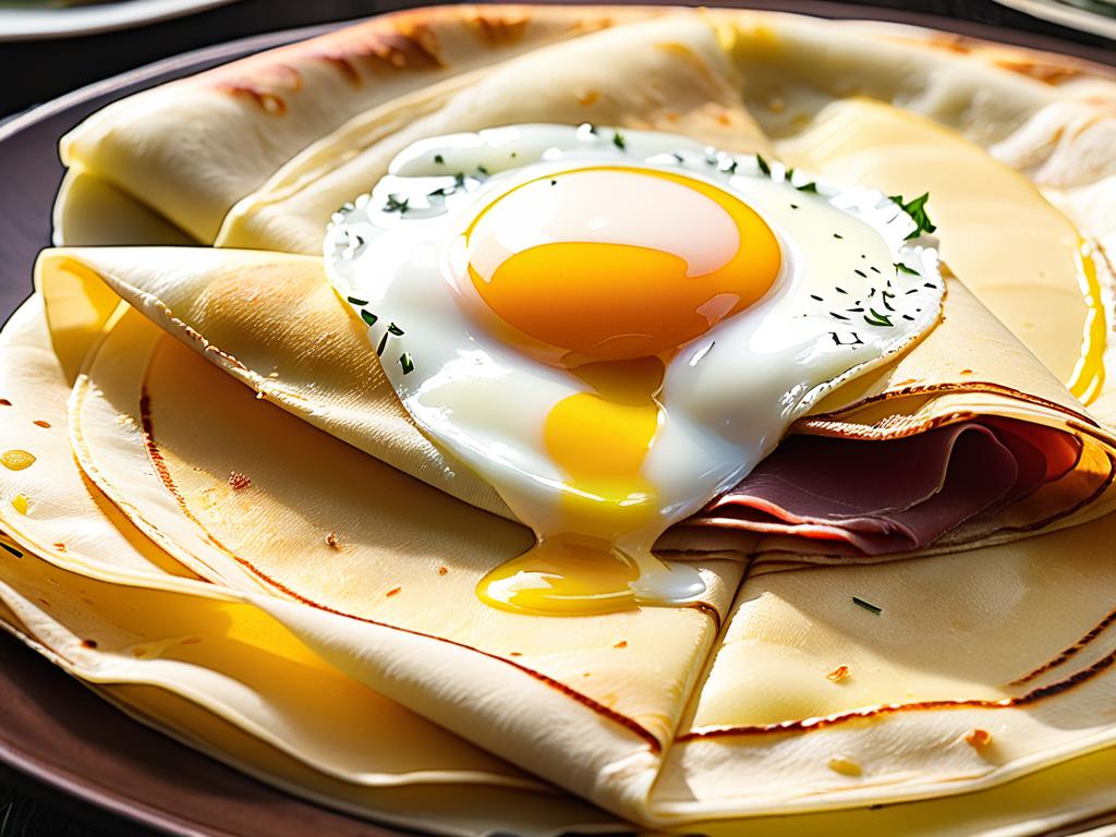 Крупный план традиционной бретонской блинчики с ветчиной, сыром и яйцом