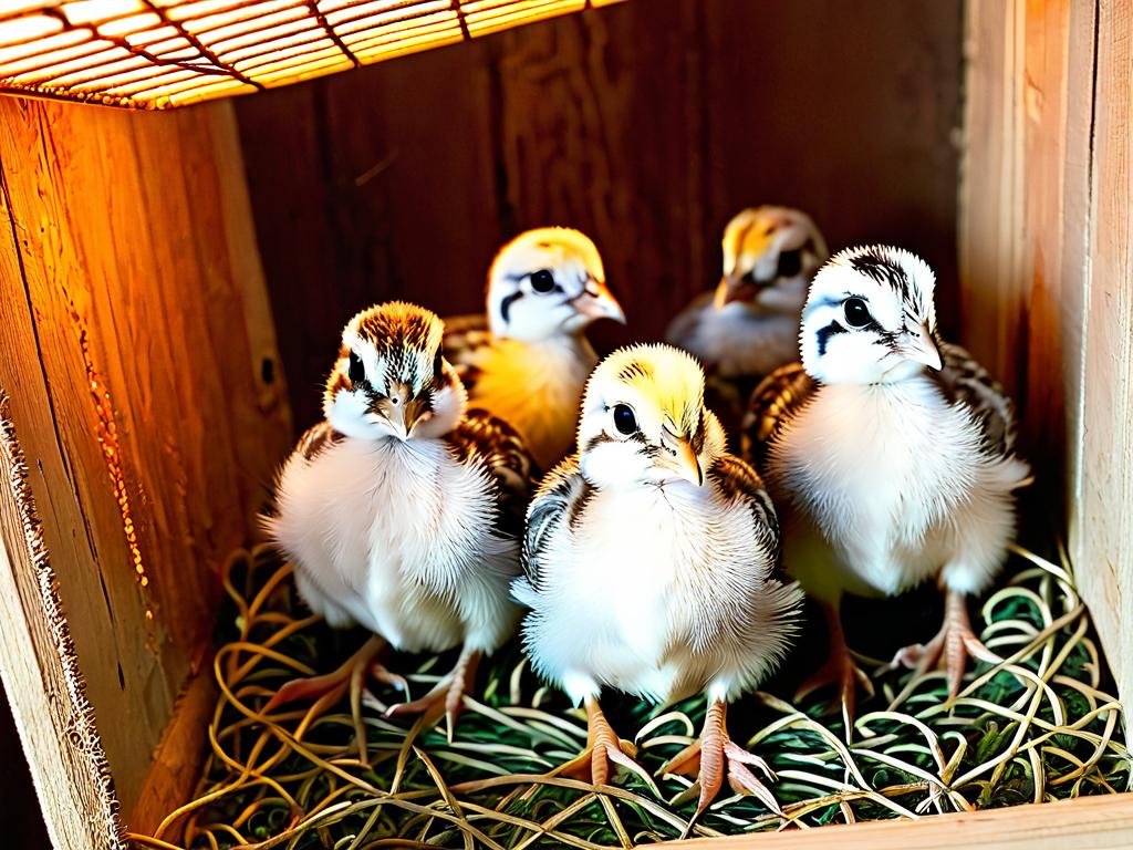 На фото птенцы перепелов в возрасте 1 дня в самодельном деревянно-сетчатом брудере. Птенчики