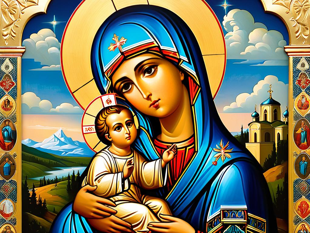 Казанская икона Божией Матери, одна из самых почитаемых православных икон, изображена как символ