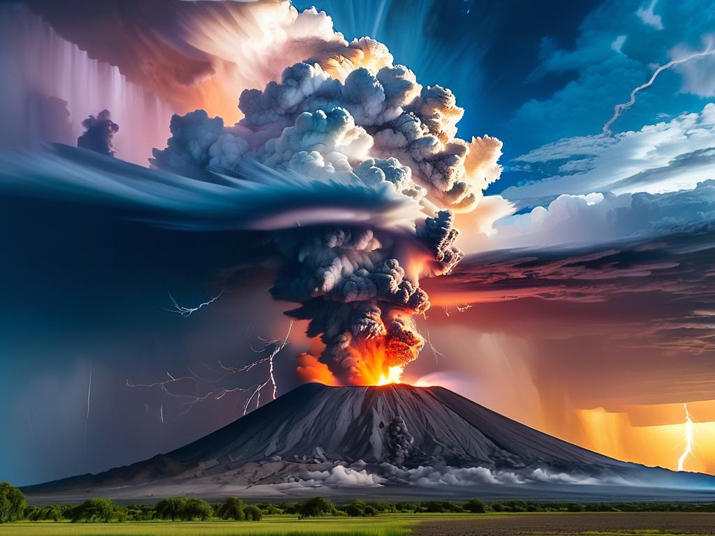 Огромное облако пепла поднимается в небо во время сильного вулканического извержения