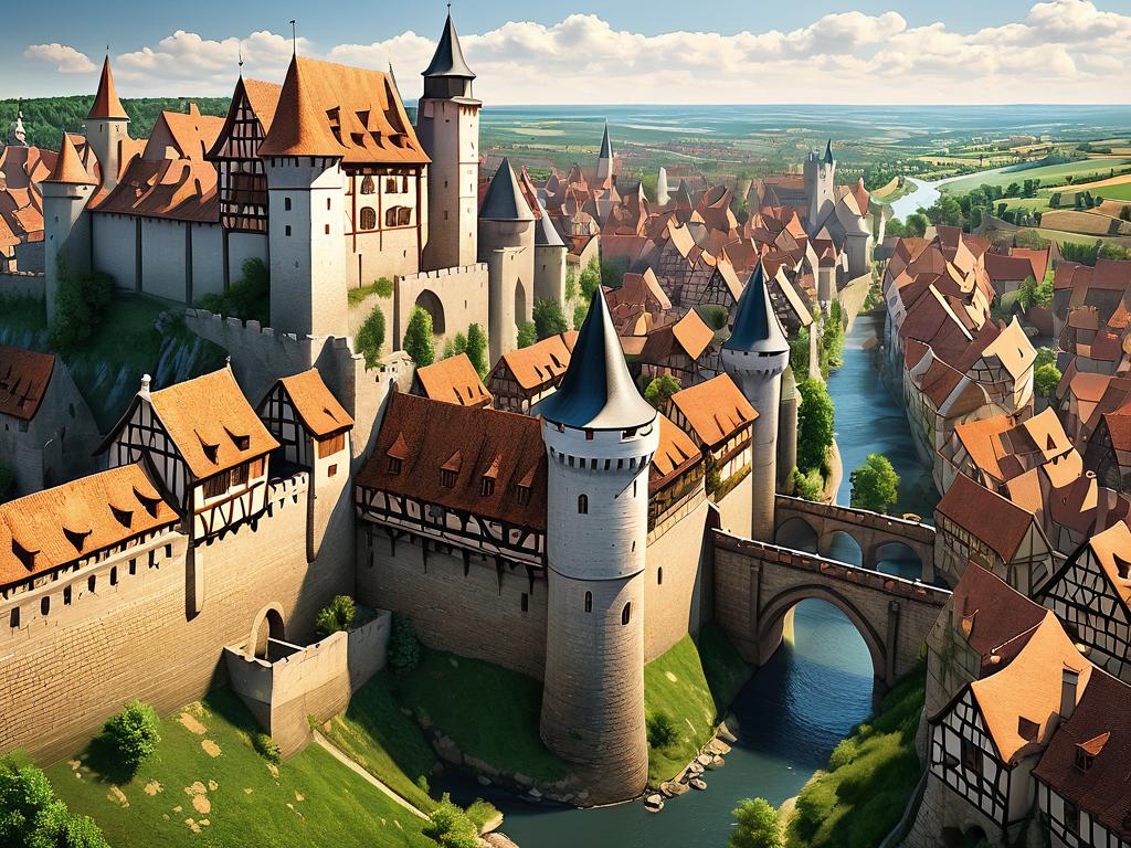 Средневековый европейский город с высокими крепостными стенами и башнями. Описание на русском более