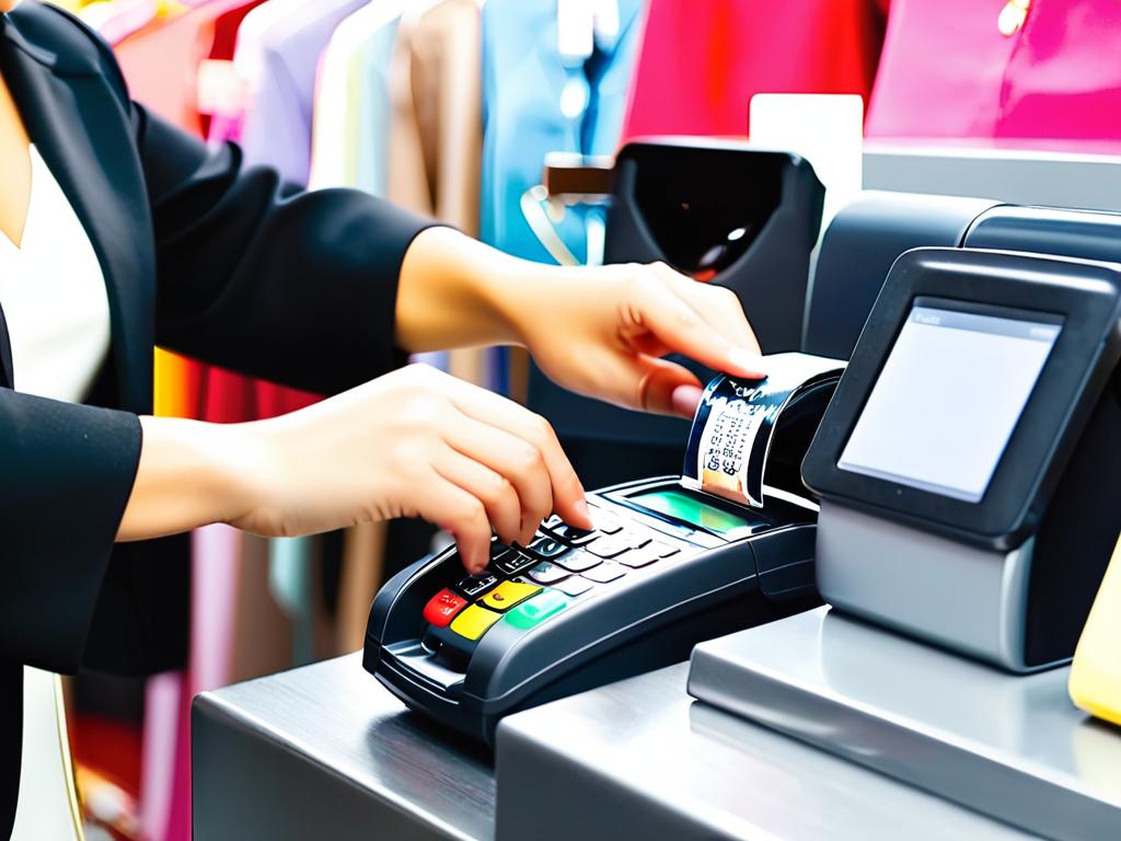 Женщина вводит ПИН-код при оплате в магазине одежды