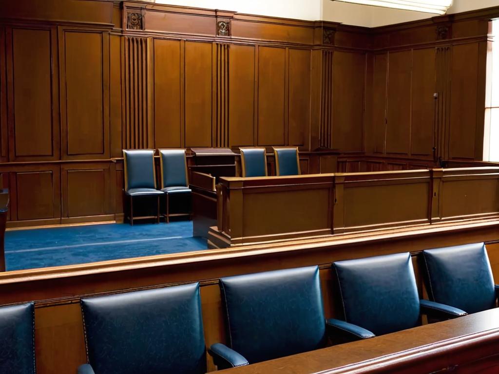 Интерьер зала судебного заседания с пустым судейским местом и местом для свидетелей