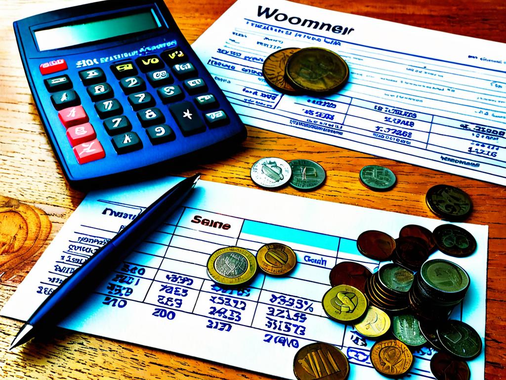 Калькулятор, ручка, купюры и монеты на деревянном столе, символизирующие планирование бюджета и